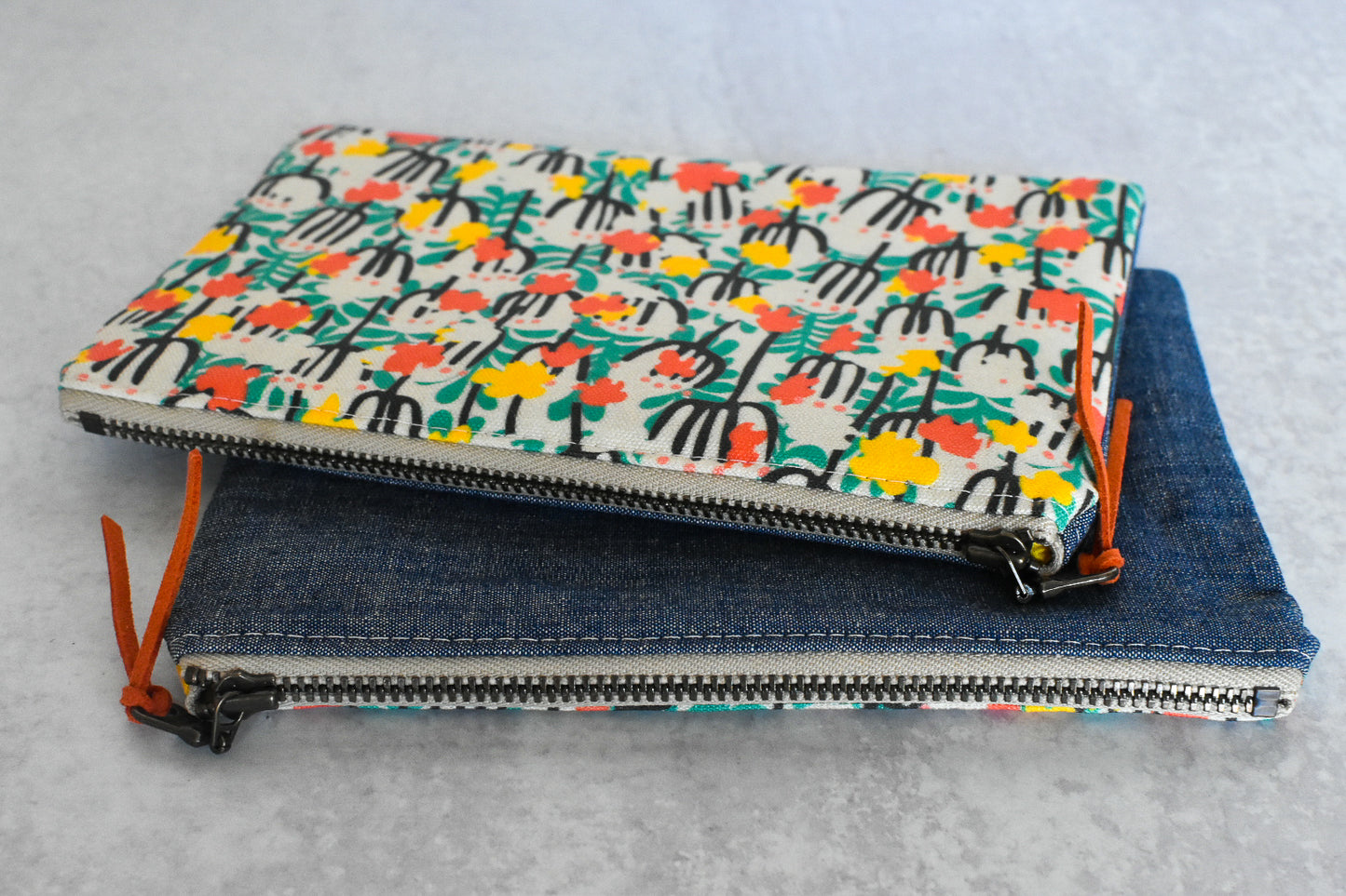 Floral and Denim Zipper Pouch