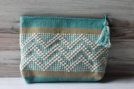 Blue & Natural Woven Zipper Pouch