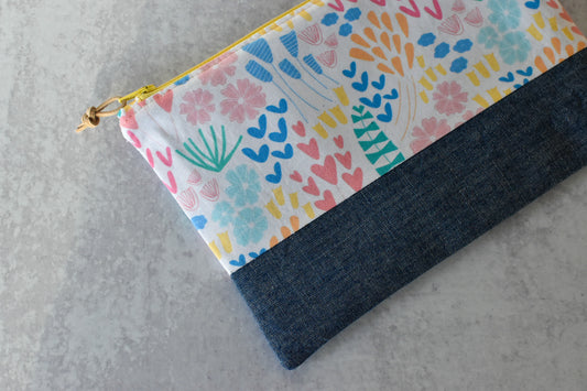 Floral & Denim Zipper Pouch