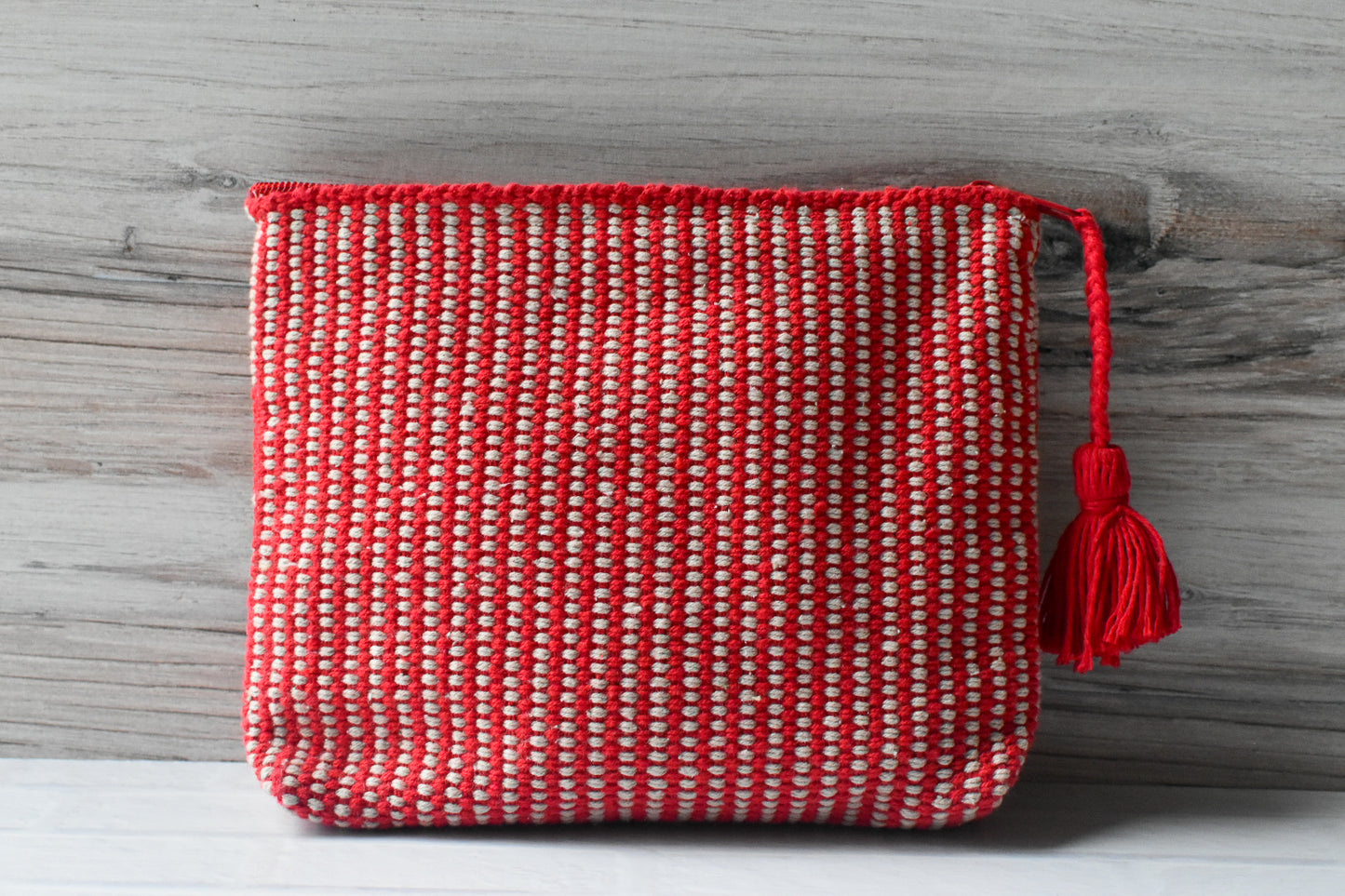 Red & Natural Woven Zipper Pouch