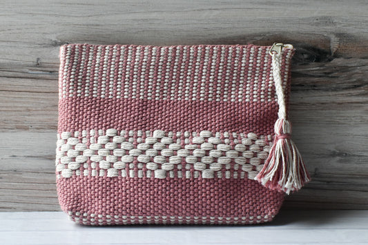 Pink & Natural Woven Zipper Pouch