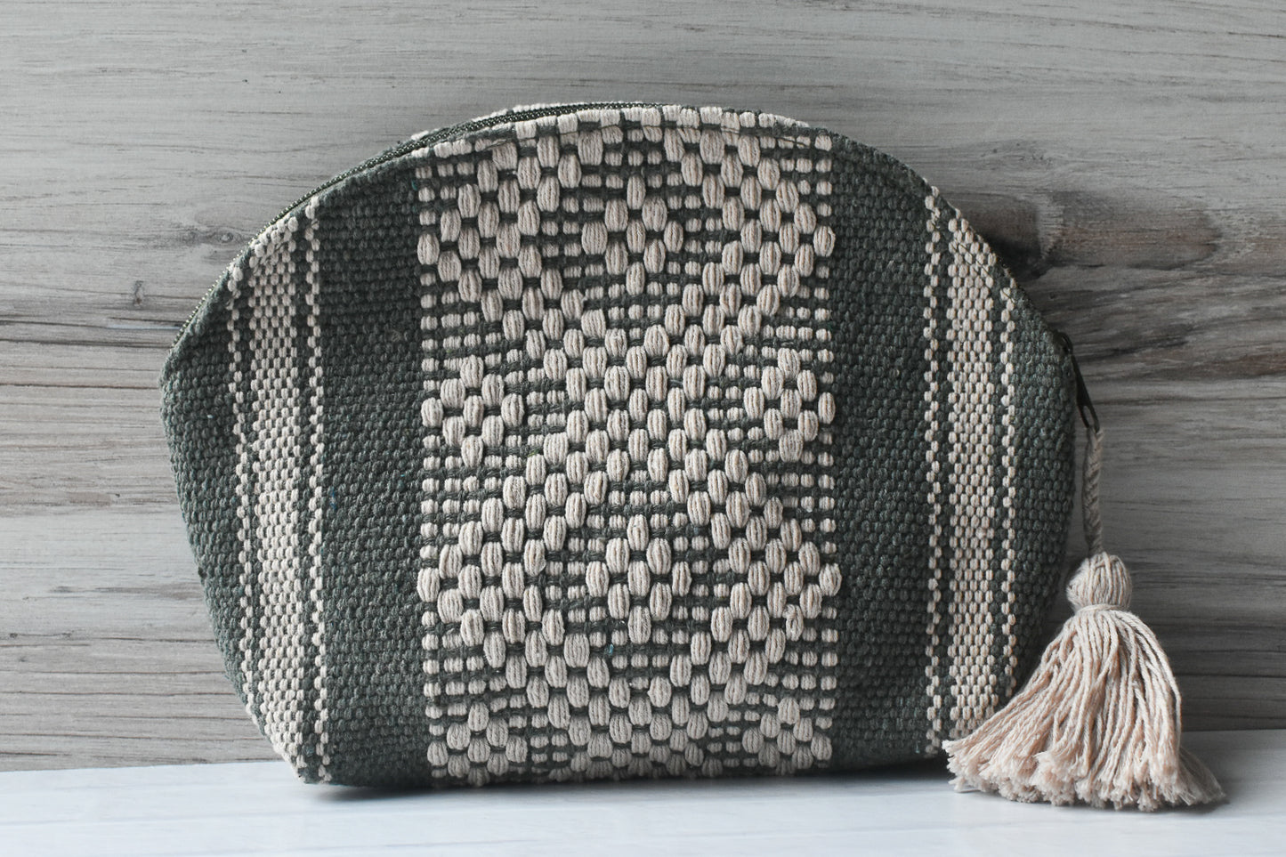 Olive Beige Woven Zipper Pouch