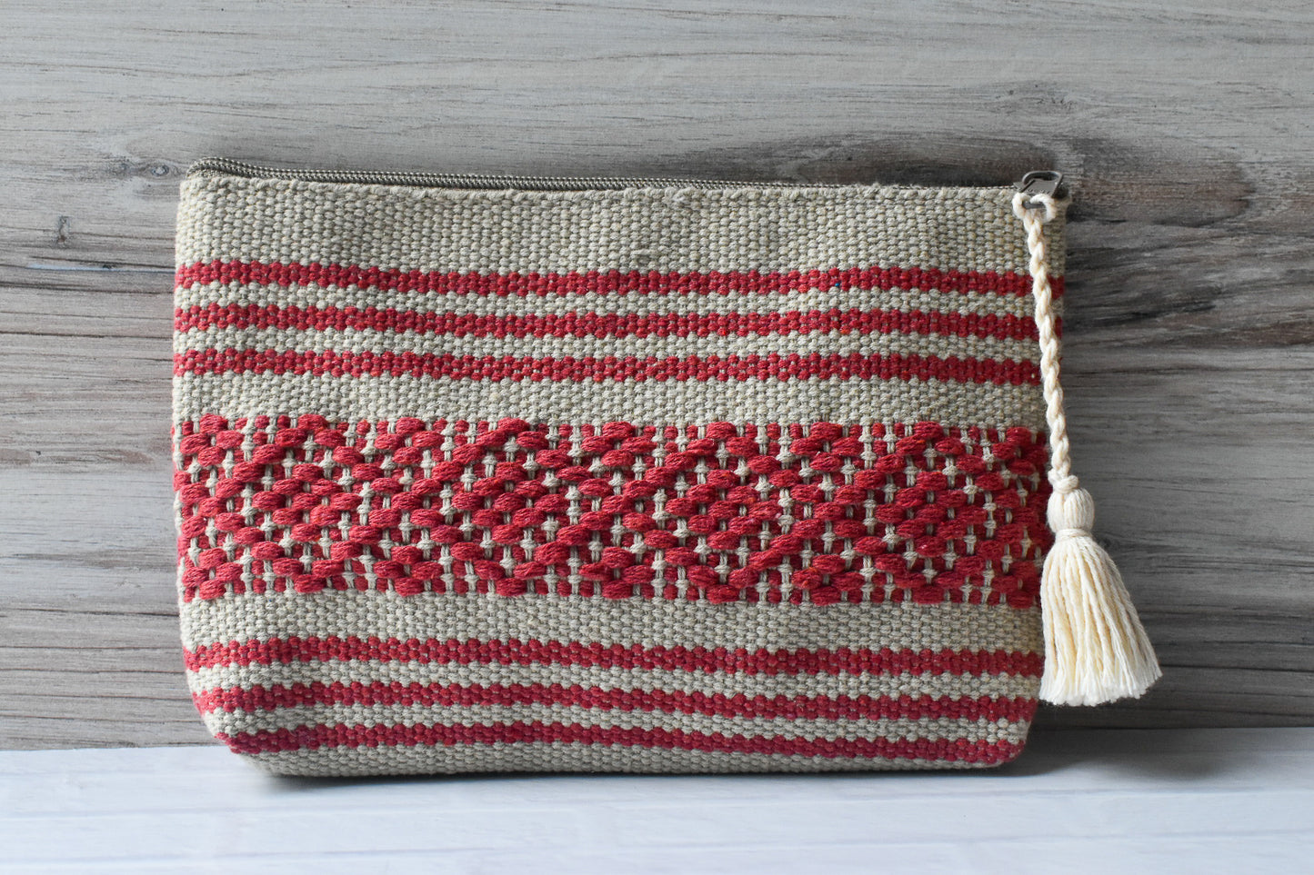 Coral & Natural Woven Zipper Pouch