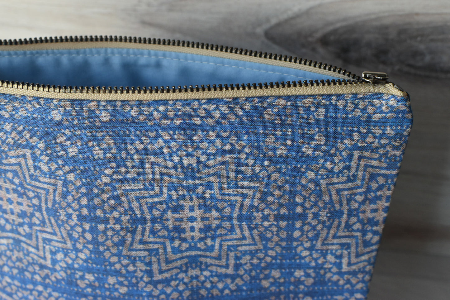 French Vintage Geo Blue Zipper Pouch