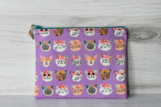 Floral Cats Zipper Pouch Purple